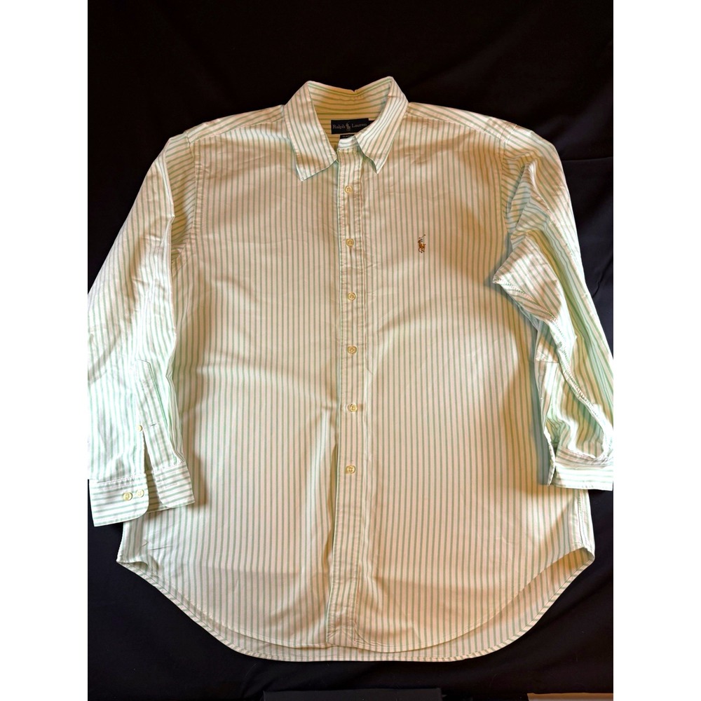 Ralph Lauren Classic Fit Green White Striped Men's LS Button Up, 17.5 32/33